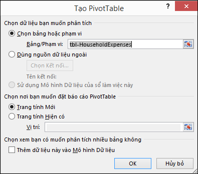 Hộp thoại Tạo PivotTable trong Excel